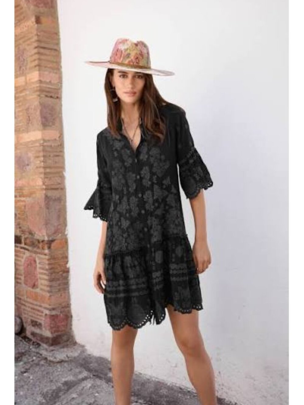 JOHNNY WAS Gracie Embroidered Eyelet Dress in Black Size M